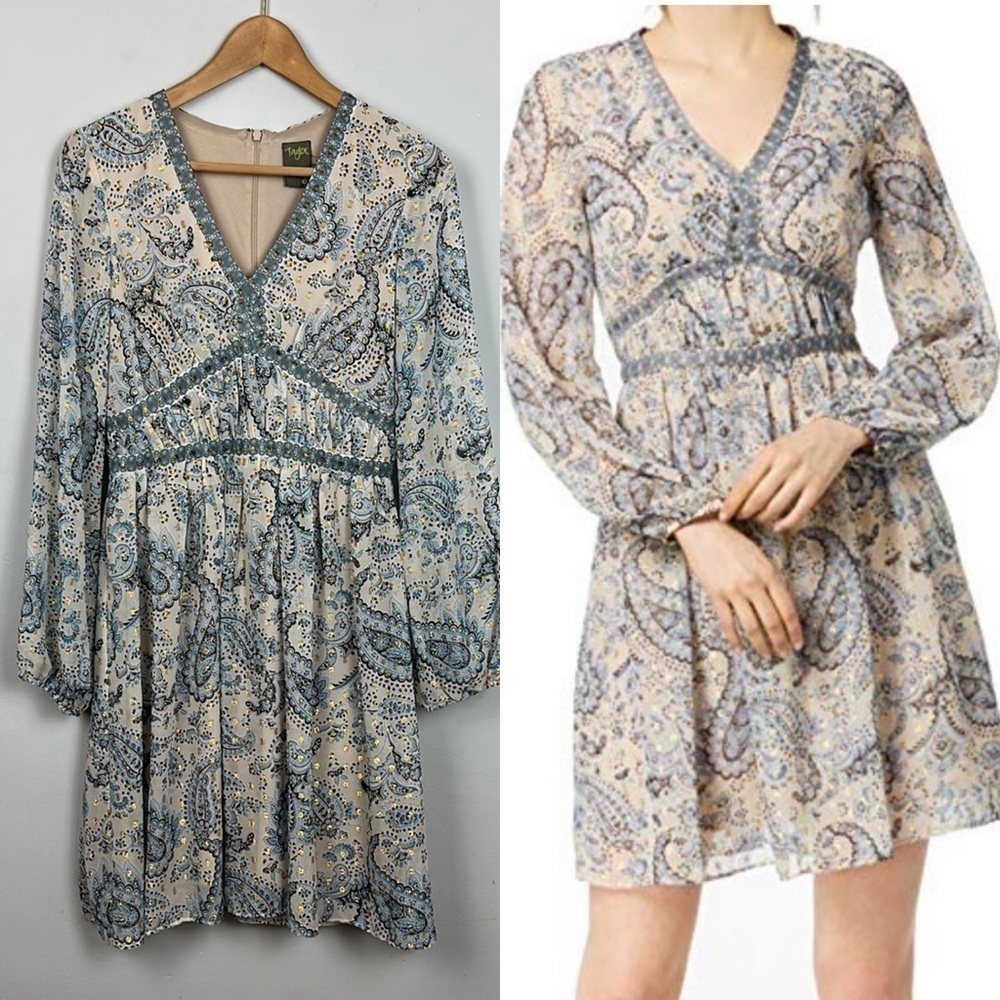 Taylor Paisley V- Neck Long Sleeve Metallic Dot Dress Sz 4
